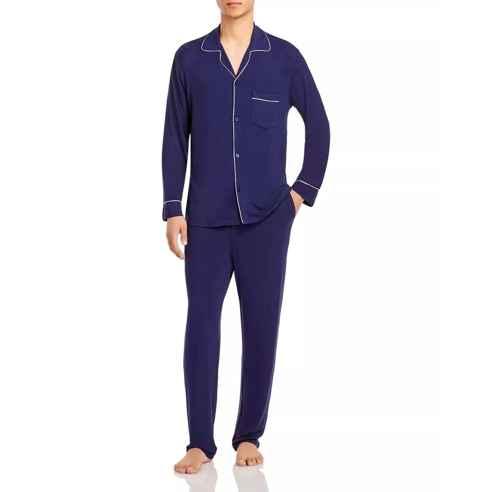 Eberjey William Modal Pajama Set Mens M Navy Blue Contrast Piping Soft Luxe PJ